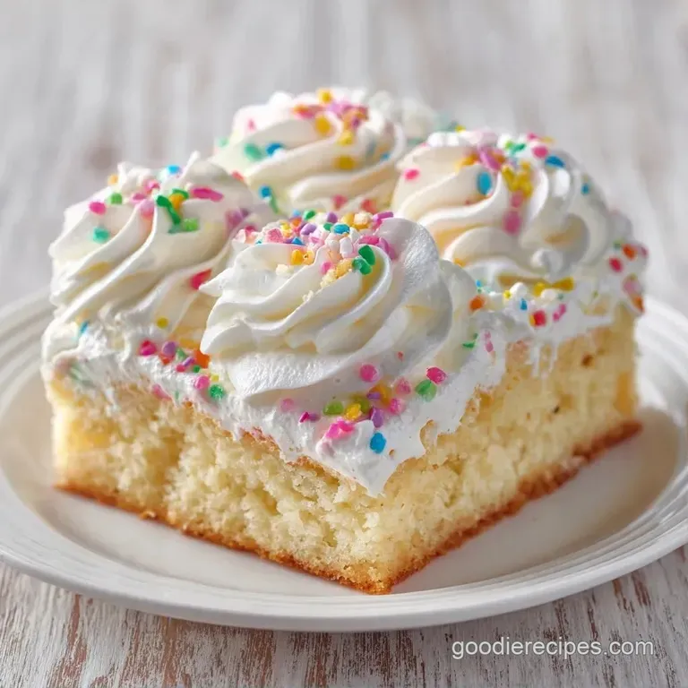 Elegant slice of creamy layered cake with a snowy peaked whipped cream swirl on a white porcelain dessert plate.