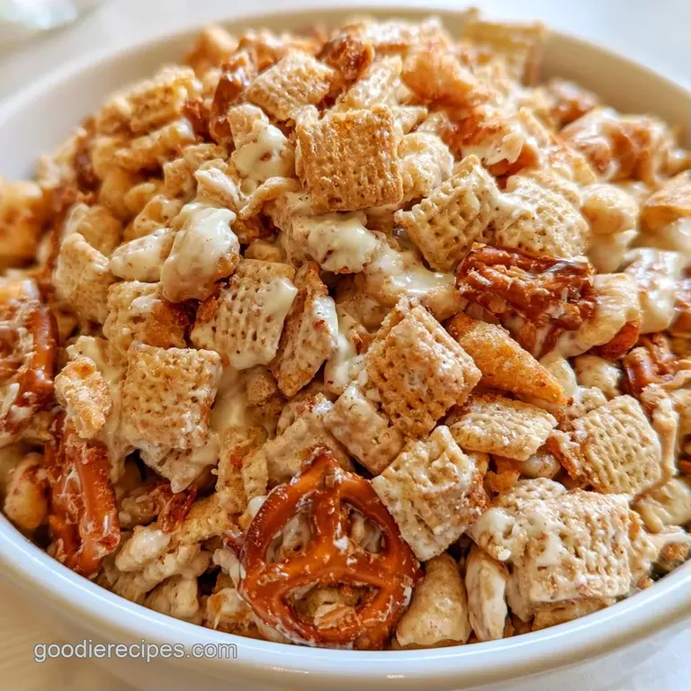 A white porcelain bowl filled with a mix of crunchy cereal and vibrant orange candies on a dark wooden surface.