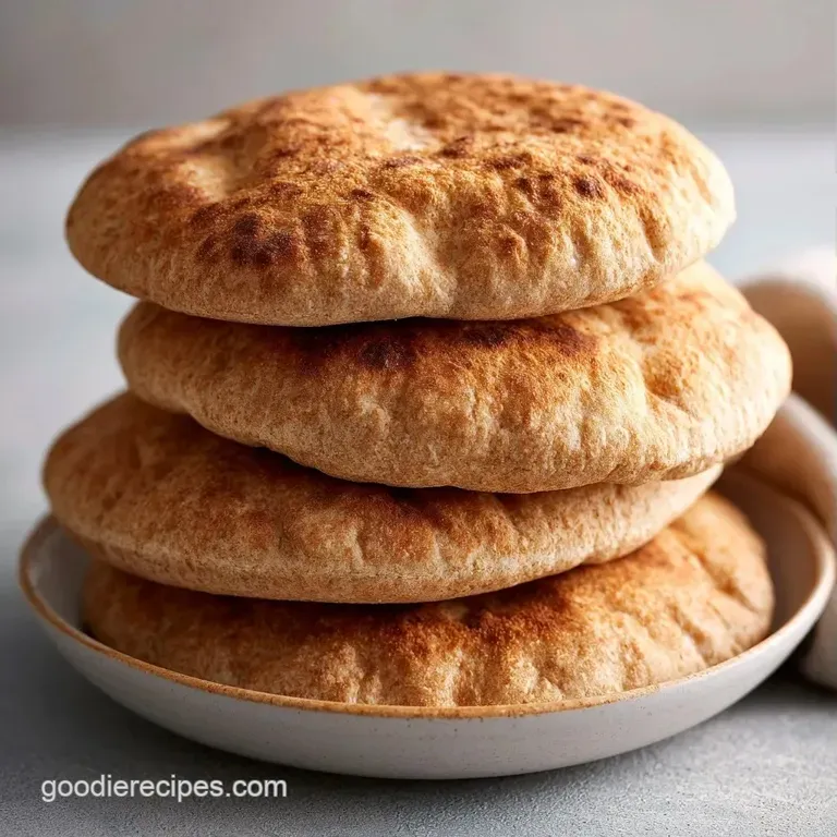 A stack of soft, tan-colored flatbreads on a white ceramic platter, garnished with fresh parsley and hummus.