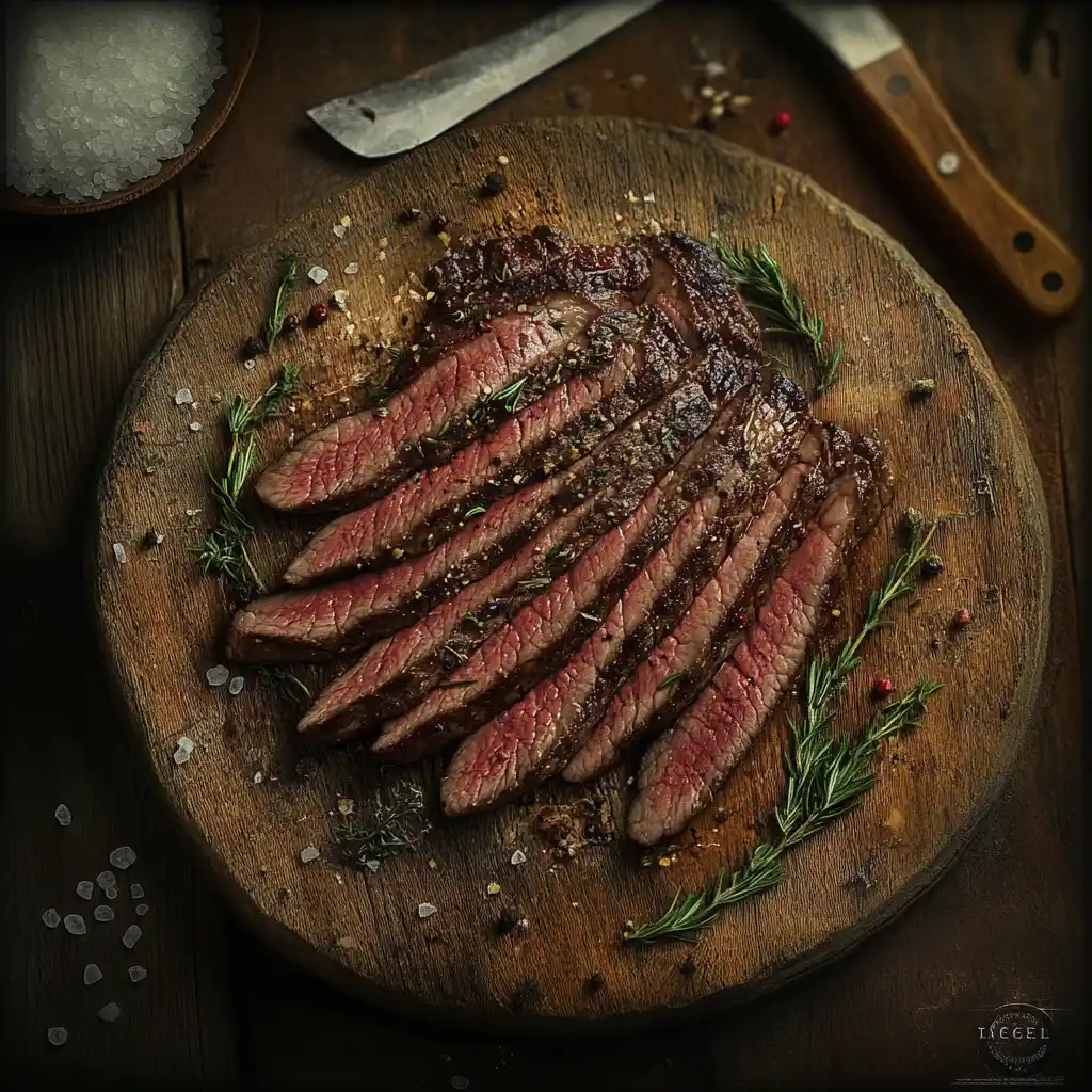 Raw bavette steak with a focus on marbling.