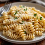 Corkscrew pasta in a creamy garlic Parmesan sauce, garnished with parsley and Parmesan cheese, served in a white bowl on a rustic table.