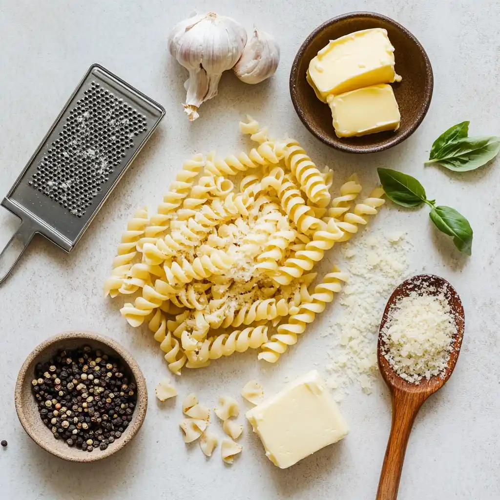 Fresh ingredients for creamy garlic Parmesan corkscrew pasta, including pasta, Parmesan cheese, garlic, butter, and seasonings.