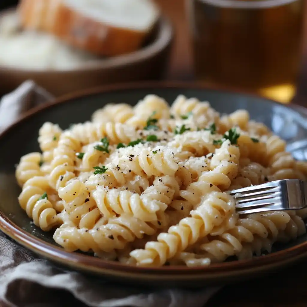A fork twirling creamy garlic Parmesan corkscrew pasta, served with a side of bread and a glass of ice tea for a comforting meal.