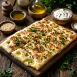 Freshly baked cottage cheese flatbread on a wooden board