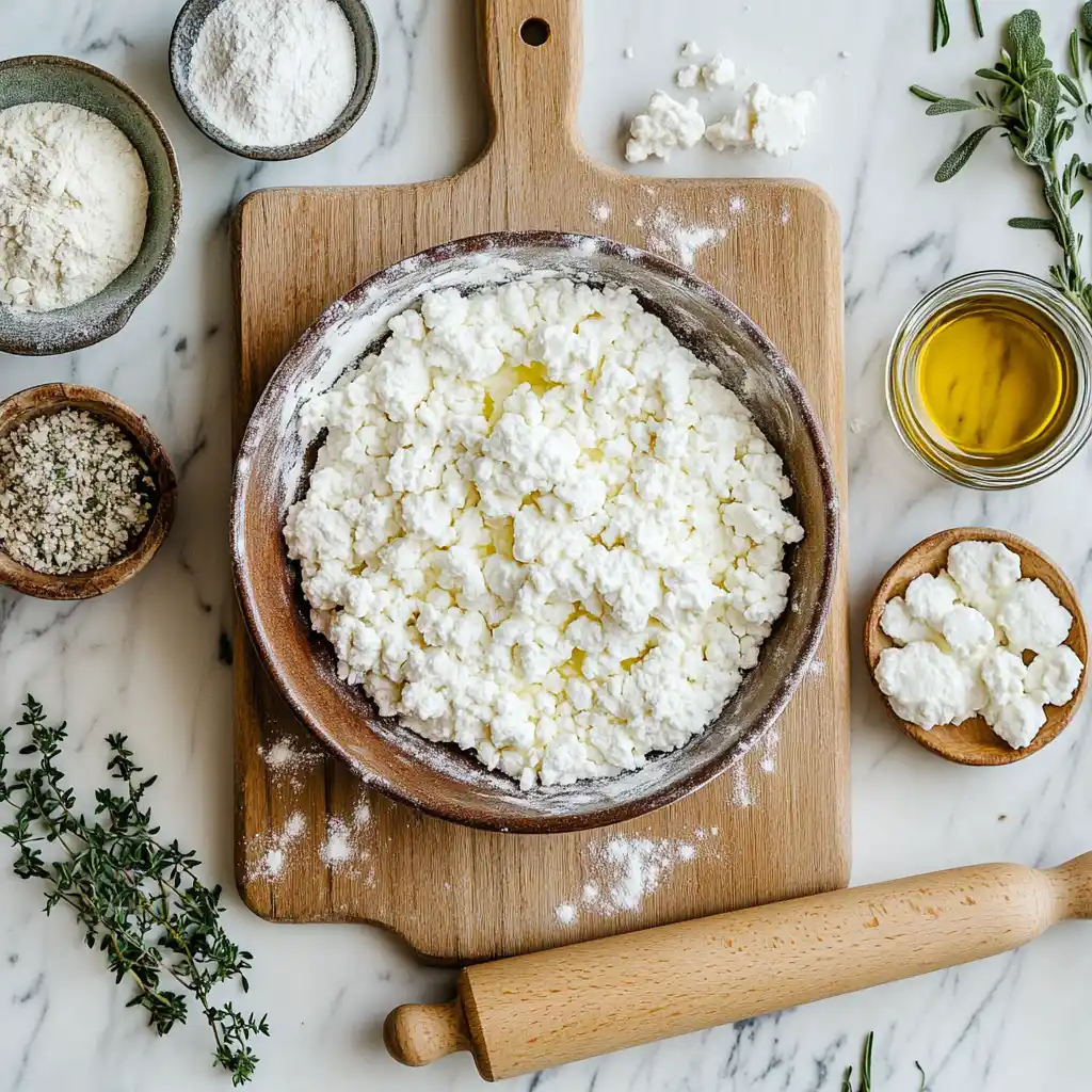 Ingredients for cottage cheese flatbread laid out on a kitchen counter