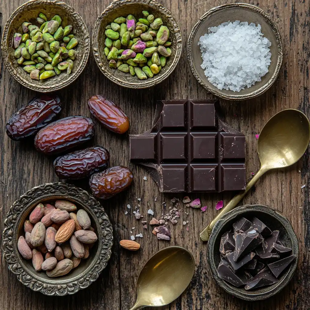 Flat-lay of dark chocolate, dates, pistachios, almonds, cardamom, and rose petals on a wooden surface.