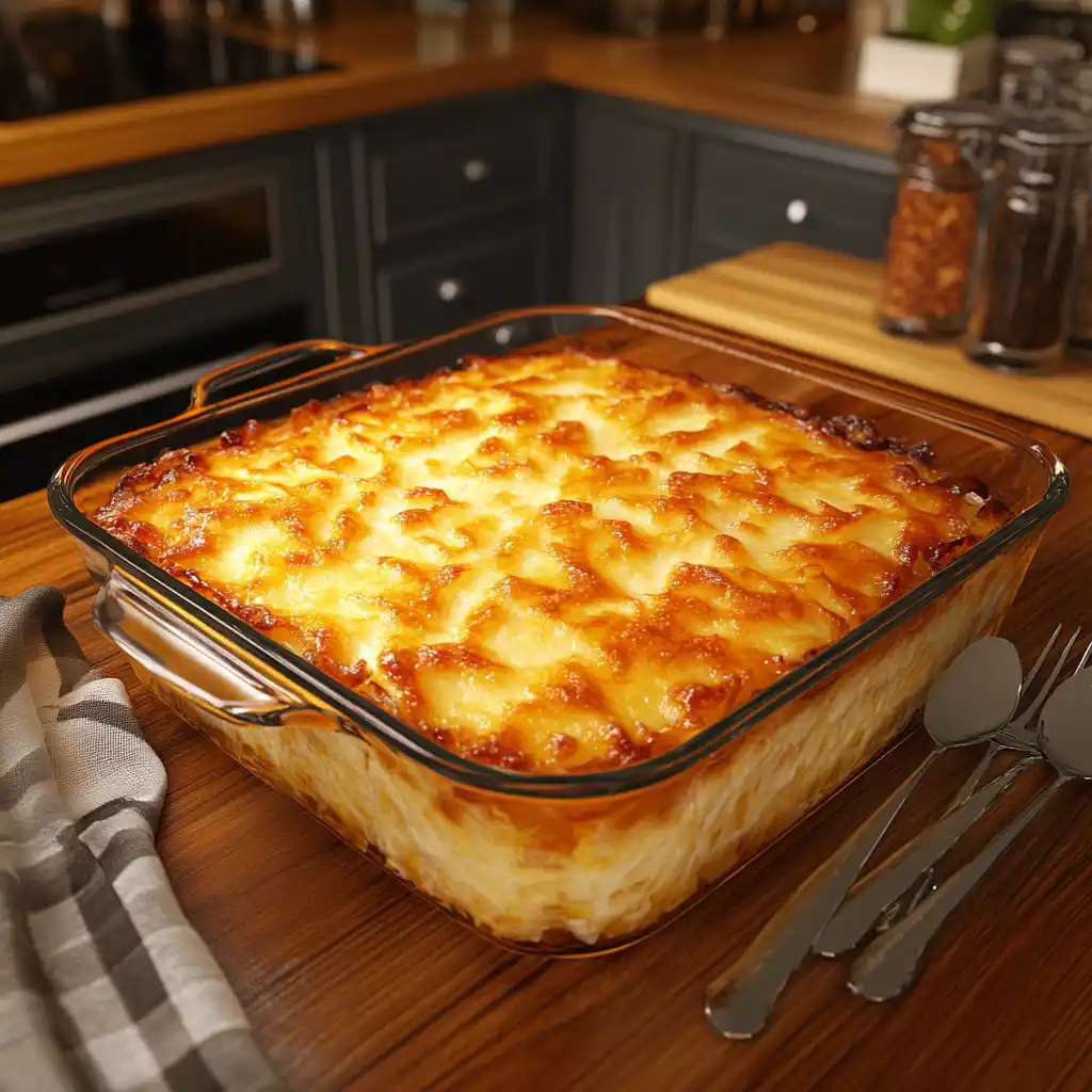 A golden-brown hashbrown casserole in a baking dish