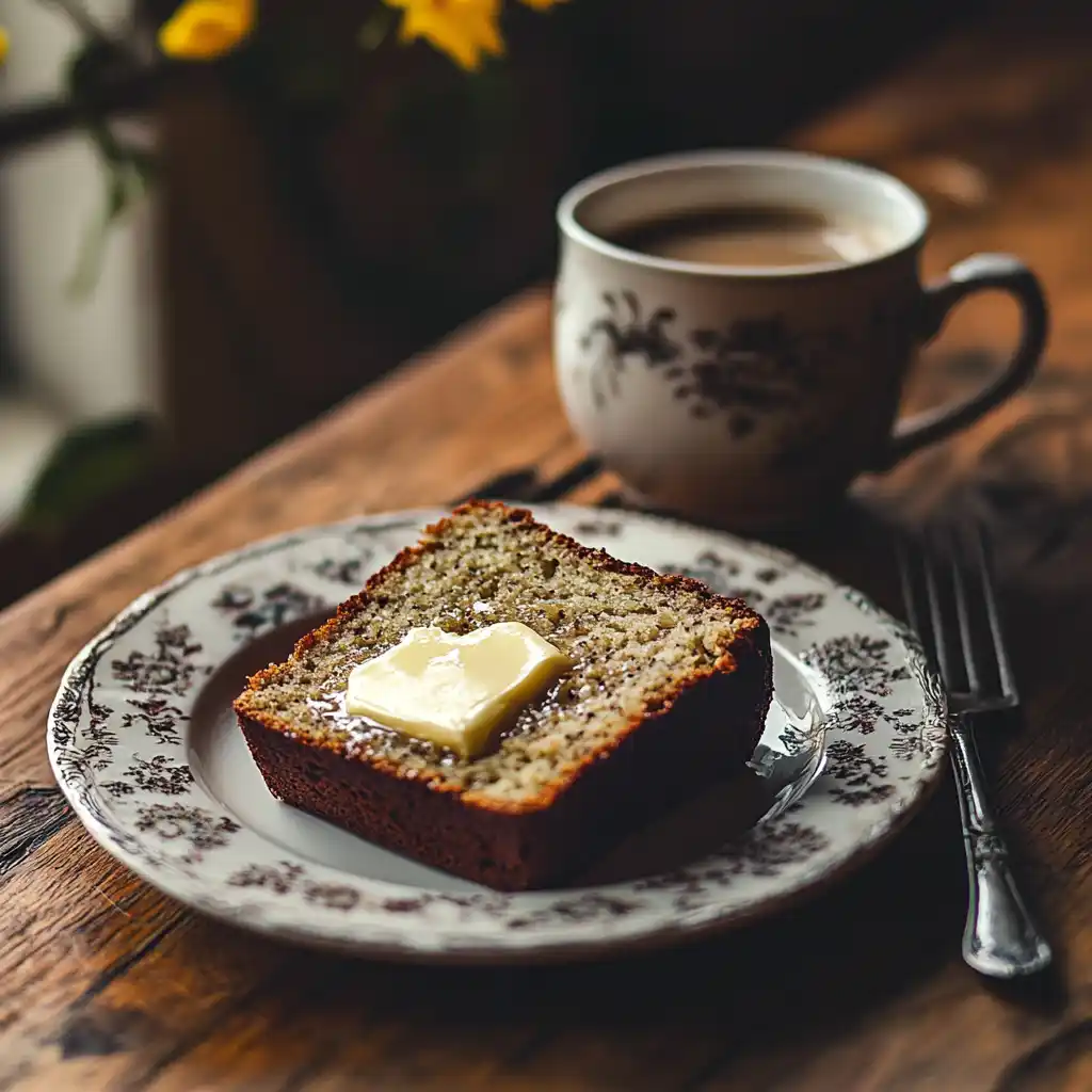 A slice of moist banana bread on a plate with melted butter, served with a cup of coffee for a cozy breakfast moment.