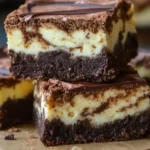 Close-up of rich, fudgy cheesecake brownies with a creamy swirl on top, sliced into perfect squares on a parchment-lined tray.