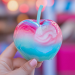 A neatly arranged flat-lay of ingredients needed for Cotton Candy Swirl Candy Apples. Includes fresh green apples, granulated sugar, corn syrup, cotton candy flavoring, food coloring (pink and blue), and wooden sticks. The ingredients are laid out on a pastel-colored background with soft lighting, making them visually appealing and easy to identify