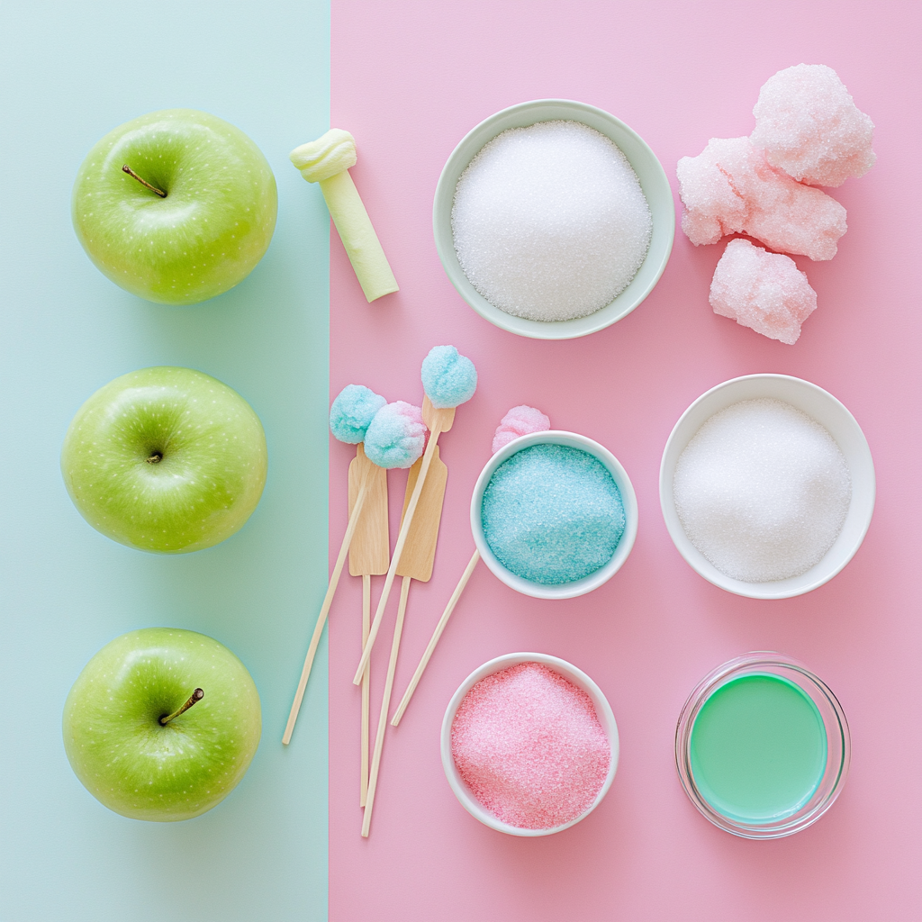 Ingredients for Cotton Candy Swirl Candy Apples, including apples, sugar, corn syrup, cotton candy flavoring, and food coloring.