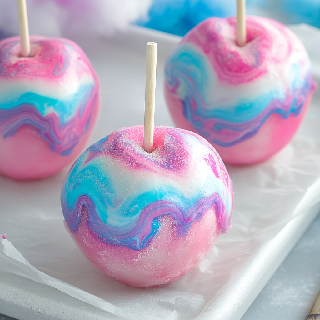 A bitten Cotton Candy Swirl Candy Apple showing its crisp apple inside with a glossy pink and blue swirled candy coating.