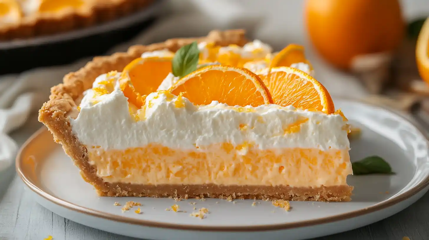Slice of dreamy orange creamsicle pie with whipped cream and orange zest on top, served on a white plate with fresh orange slices.
