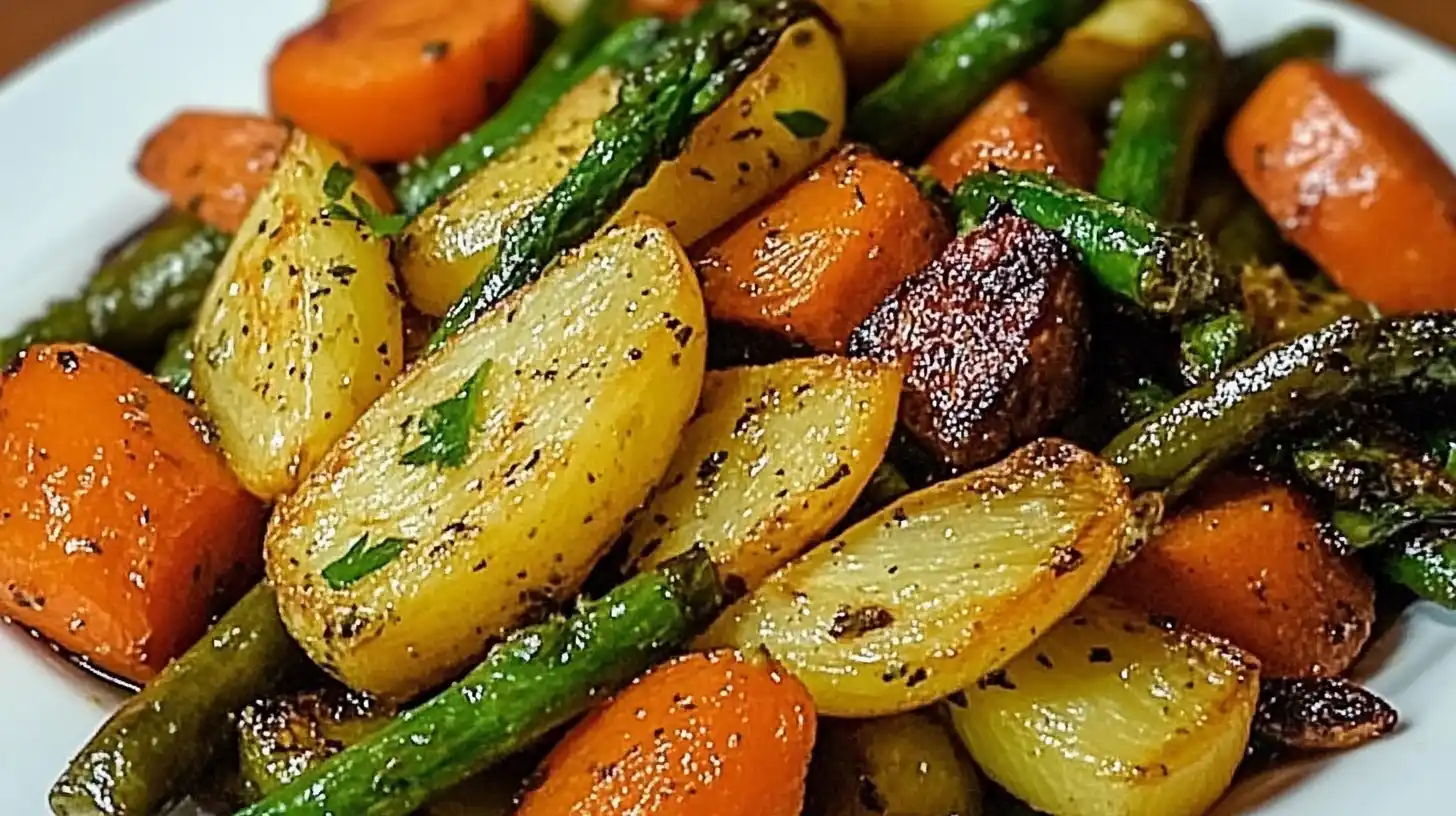 Colorful garlic herb roasted vegetables including broccoli, bell peppers, zucchini, and cherry tomatoes on a parchment-lined baking sheet, glistening with olive oil and sprinkled with herbs.
