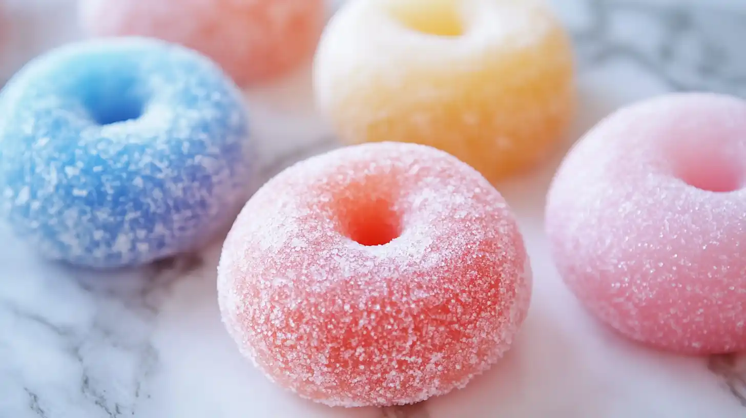 A plate of golden brown mochi donuts arranged in a circle, each donut topped with a glossy glaze and colorful sprinkles, resting on parchment paper.