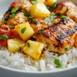A plate of Pineapple Chicken and Rice, featuring tender chicken pieces, fluffy rice, and juicy pineapple chunks, garnished with fresh green onions.