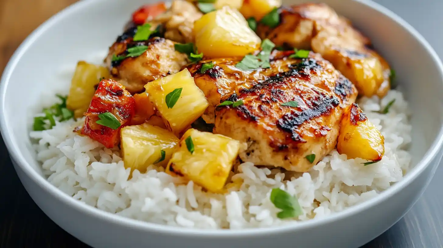 A plate of Pineapple Chicken and Rice, featuring tender chicken pieces, fluffy rice, and juicy pineapple chunks, garnished with fresh green onions.