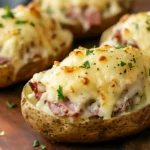 A crispy baked potato, sliced open and stuffed with tender corned beef, melted Swiss cheese, tangy sauerkraut, and creamy Thousand Island dressing, garnished with fresh parsley.
