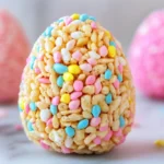 Colorful Rice Krispie Easter Eggs arranged on a white plate, decorated with pastel sprinkles and drizzled chocolate, perfect for a festive Easter treat.