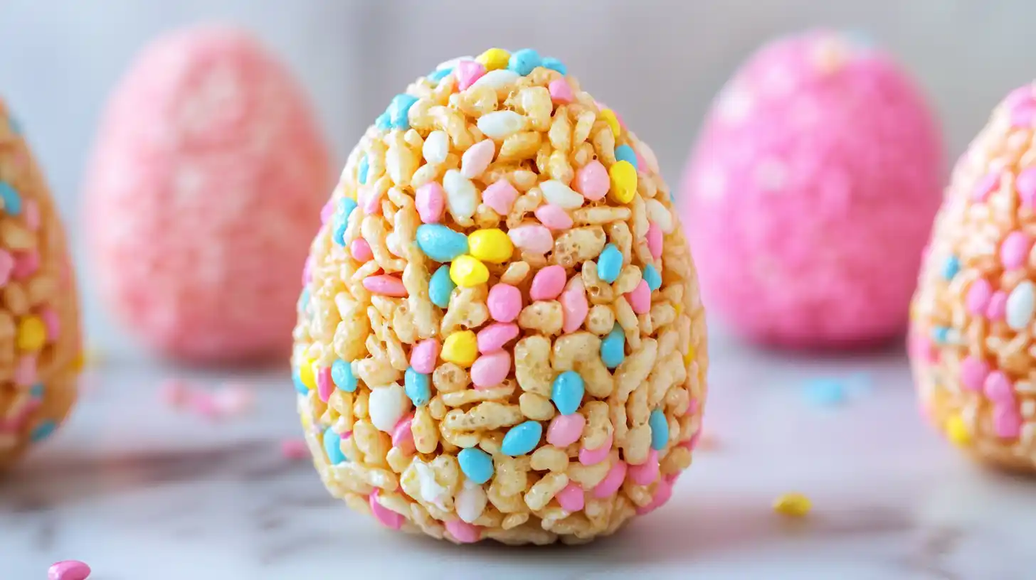 Colorful Rice Krispie Easter Eggs arranged on a white plate, decorated with pastel sprinkles and drizzled chocolate, perfect for a festive Easter treat.