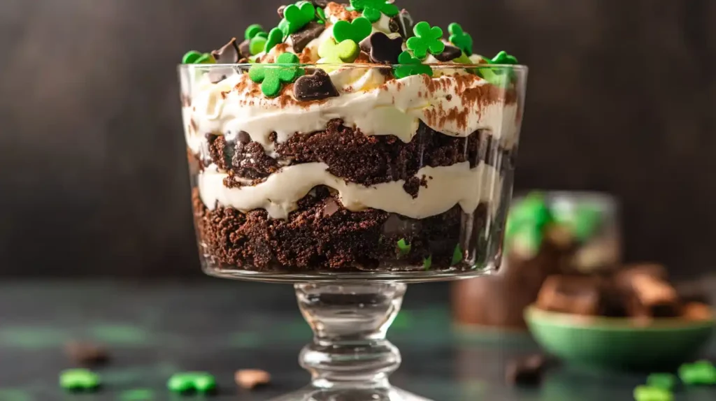 A festive St. Patrick’s Day brownie trifle layered with fudgy brownies, creamy green pudding, and whipped topping, garnished with chocolate shavings and green sprinkles in a glass trifle dish.