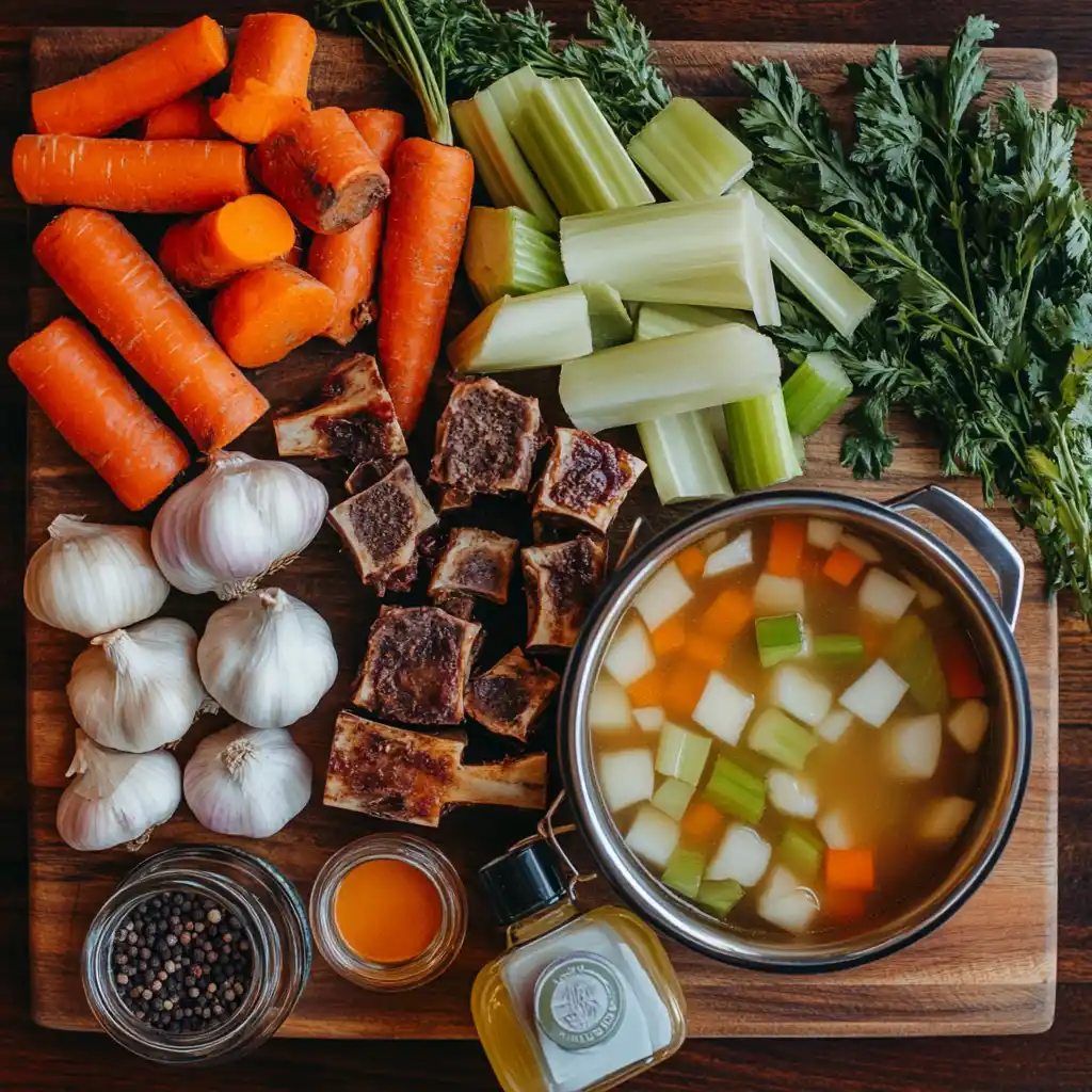Raw ingredients for homemade soup bone broth, including roasted bones, vegetables, and spices, arranged on a wooden cutting board.