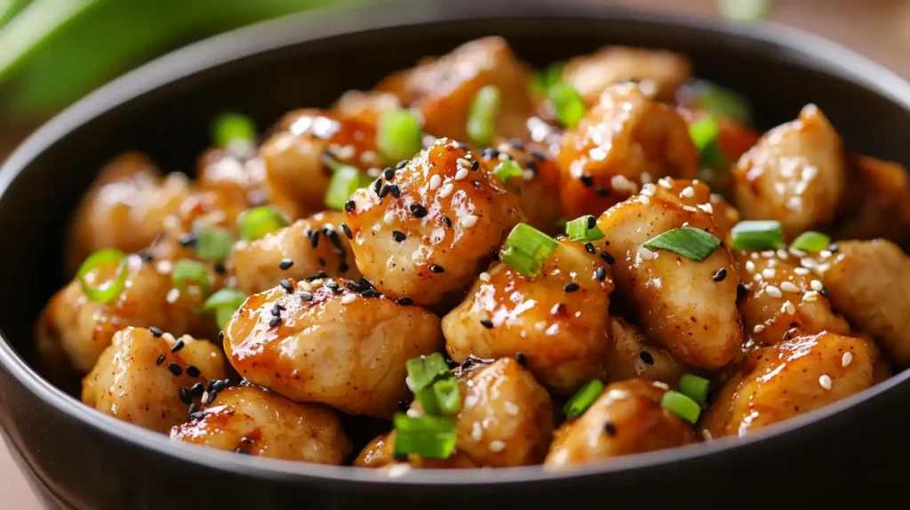 Crispy honey pepper chicken pieces coated in a glossy sweet and spicy sauce, garnished with green onions and served over a bed of white rice.