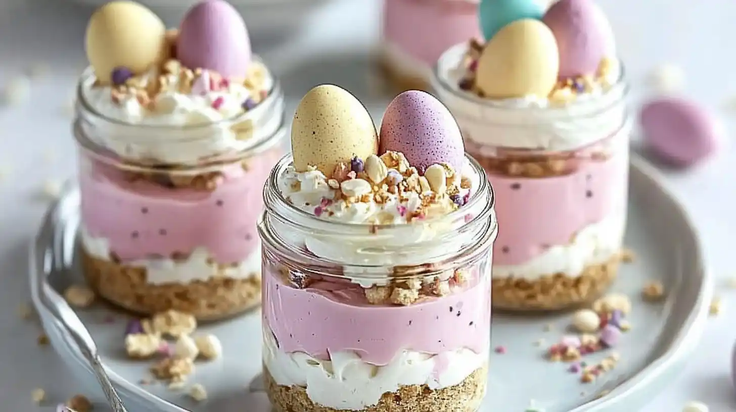 Colorful Easter egg cheesecake jars layered with pastel cream cheese filling, topped with mini chocolate eggs and festive sprinkles in small glass jars.