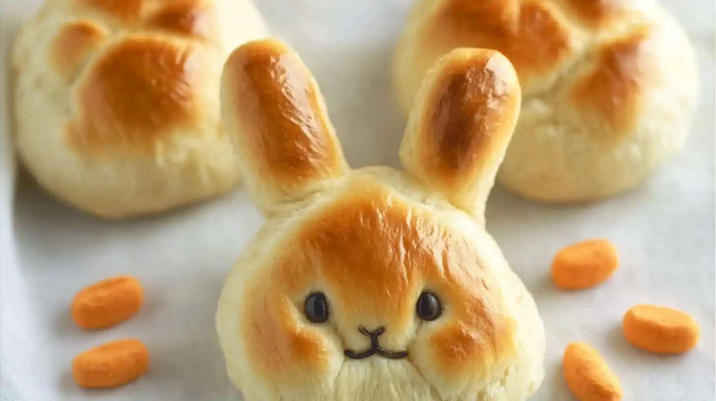 Golden brown bunny-shaped bread rolls on a parchment-lined baking tray, each with cute ears and raisin eyes, freshly baked and ready to serve.